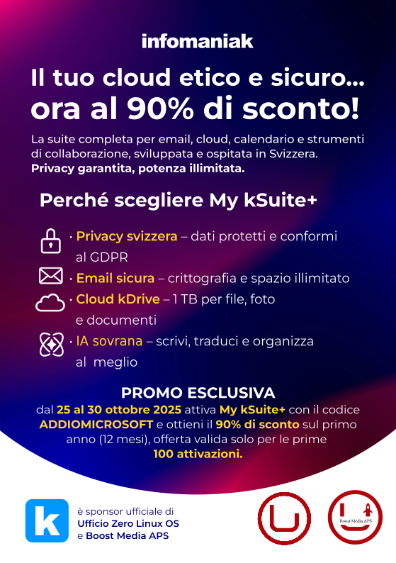 Promozione Infomaniak Ksuite+ per gli utenti di Ufficio Zero Linux OS & Boost Media APS